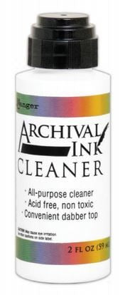A bottle of Ranger Archival Ink Cleaner with a dabber top, labeled as all-purpose cleaner, acid free, non toxic, and safe for rubber and clear stamps.