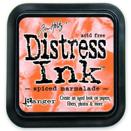 A Distress Ink Pad by Ranger in a Spiced Marmalade color, housed in a black plastic container with a raised felt top.