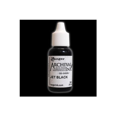 Small black squeeze bottle of Ranger Archival Ink Jet Black re-inker on a black background