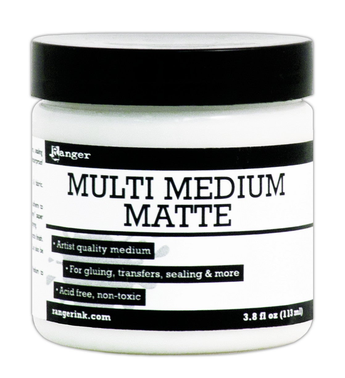Large white jar of Ranger Multi Medium Matte 3.8oz with black lid on a white background