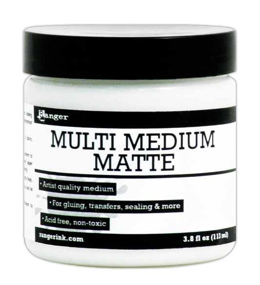 Large white jar of Ranger Multi Medium Matte 3.8oz with black lid on a white background